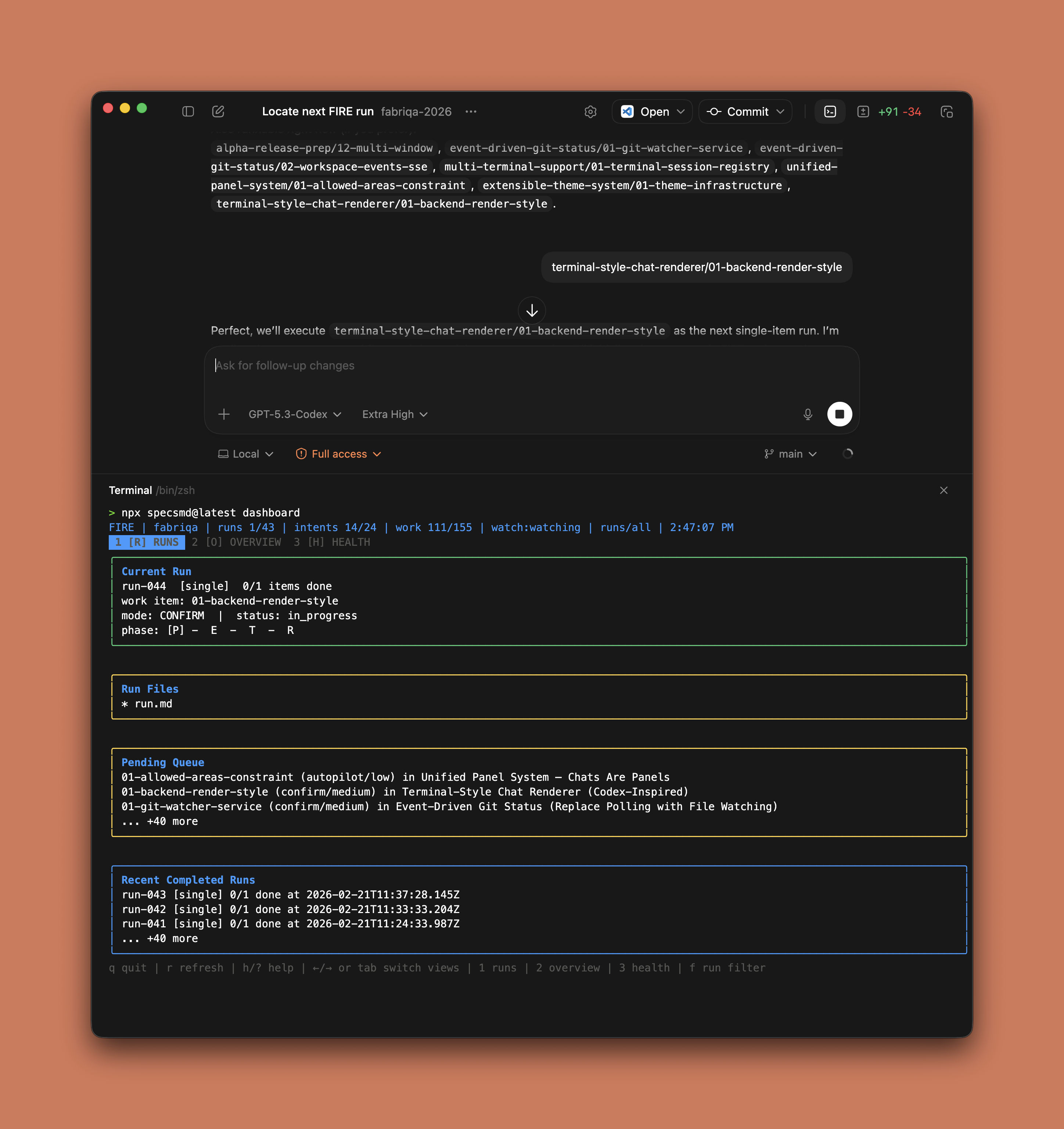 FIRE dashboard in Codex desktop with no active run
