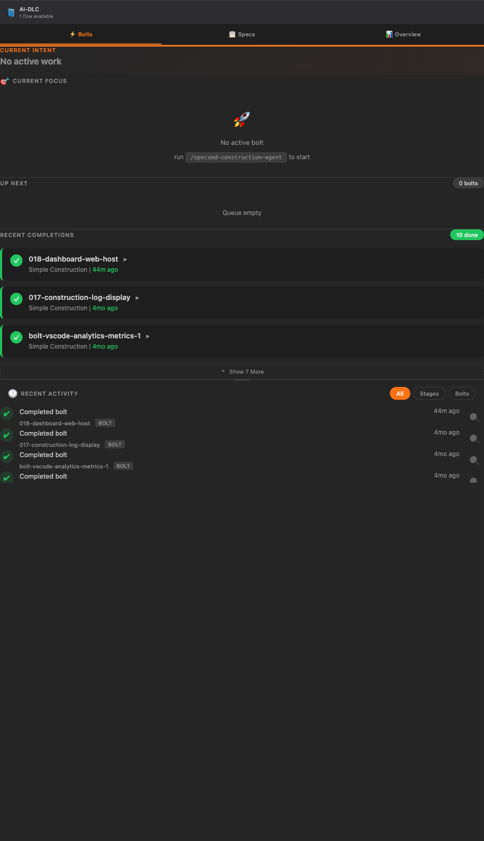 SpecsMD web dashboard Bolts view showing current focus, completed bolts, and recent activity